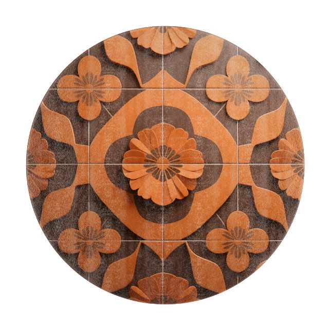 Orange Floral Medallion Geometric Tile Pattern Cutting Board (Front)