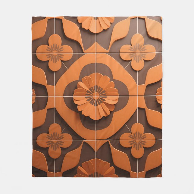 Orange Floral Medallion Geometric Tile Pattern Fleece Blanket (Front)