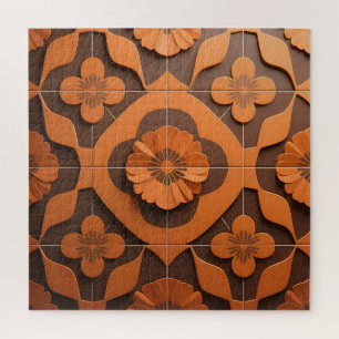 Orange Floral Medallion Geometric Tile Pattern Jigsaw Puzzle