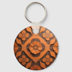 Orange Floral Medallion Geometric Tile Pattern Key Ring