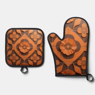 Orange Floral Medallion Geometric Tile Pattern Oven Mitt & Pot Holder Set