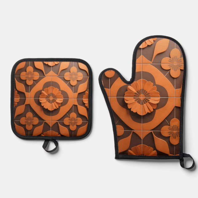 Orange Floral Medallion Geometric Tile Pattern Oven Mitt & Pot Holder Set (Front)
