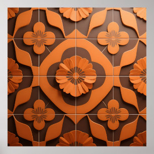 Orange Floral Medallion Geometric Tile Pattern Poster