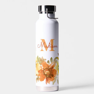 Orange Floral Monogram Name Gift Water Bottle