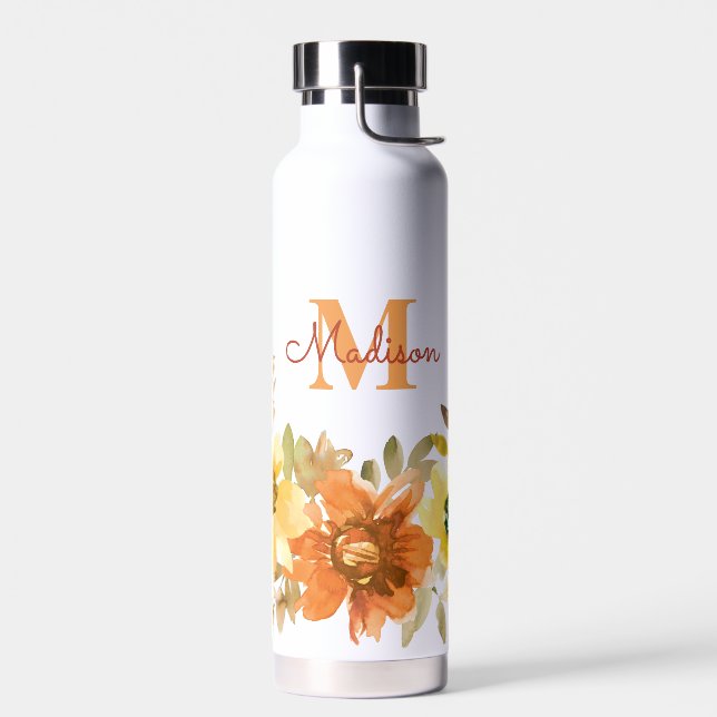Orange Floral Monogram Name Gift Water Bottle (Left)