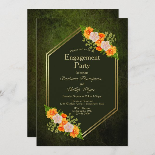 Orange Floral Moss Green Engagement Party Invitation (Front/Back)