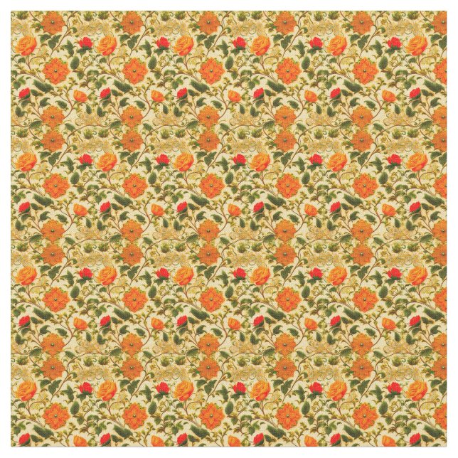 Orange Floral on Yellow Background Fabric (Close Up)