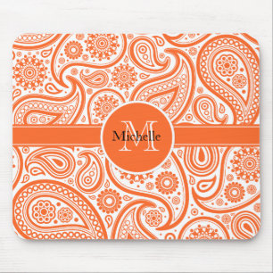 Orange Floral Paisley Monogram Pattern Mouse Pad