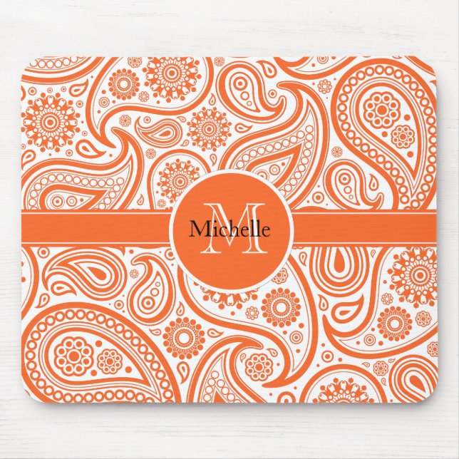Orange Floral Paisley Monogram Pattern Mouse Pad (Front)