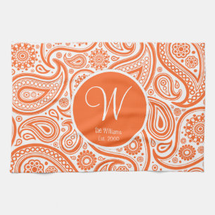 Orange Floral Paisley Monogram Pattern Tea Towel