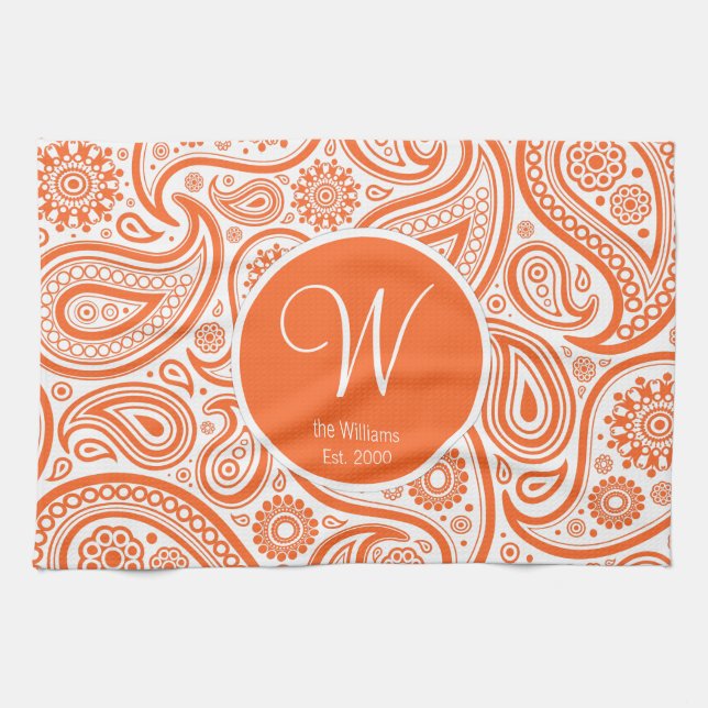 Orange Floral Paisley Monogram Pattern Tea Towel (Horizontal)