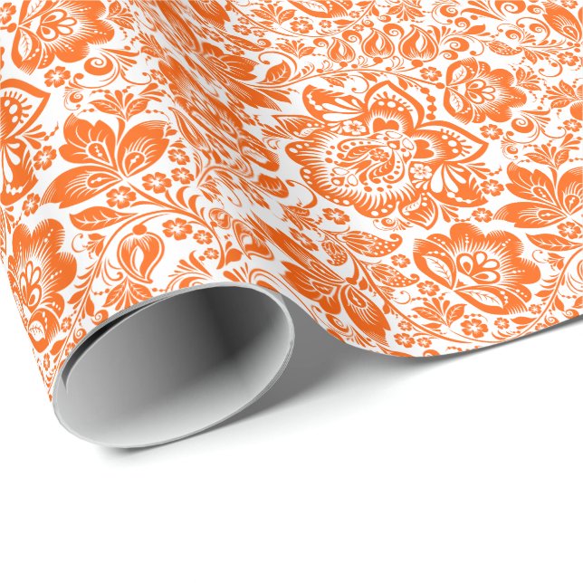 Orange Floral Pattern Custom Background Wrapping Paper (Roll Corner)