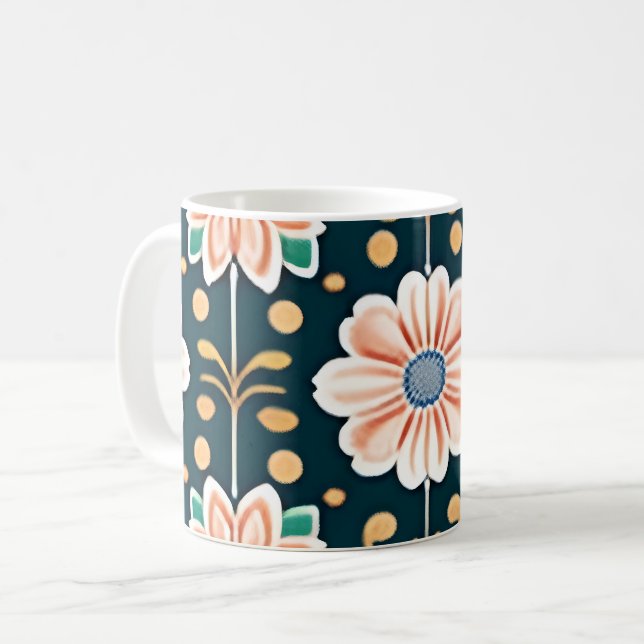 Orange Floral Pattern on a Black Background Coffee Mug (Front Left)