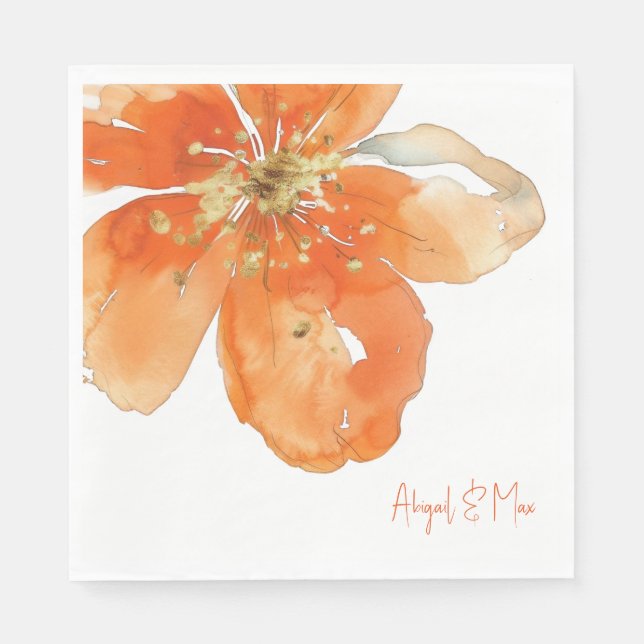 Orange Floral Personalised Wedding Luncheon Napkin (Front)