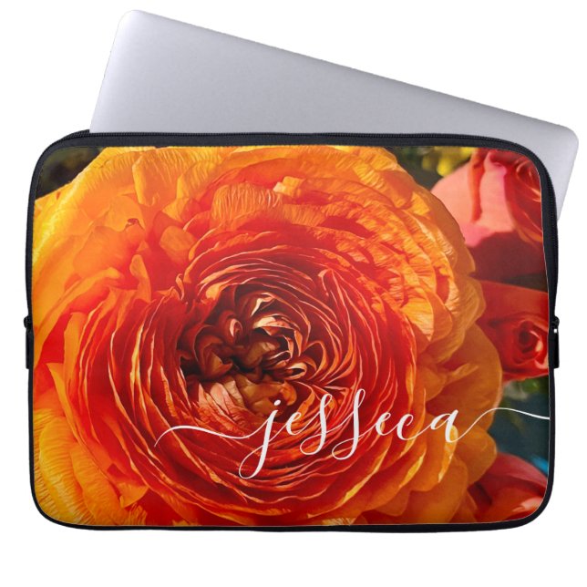 Orange Floral Photo Personalised Laptop Sleeve (Front)