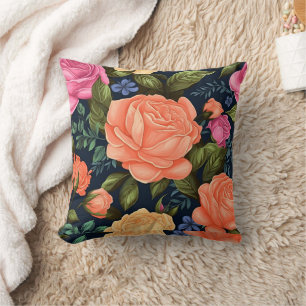 Orange Floral Pink Roses  Botanical Flower Bloom  Cushion