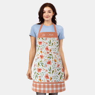 Orange Floral Plaid Watercolor Modern Personalised Apron