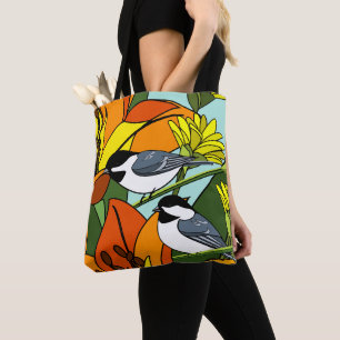 Orange Floral Print and Chickadees Tote Bag