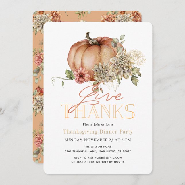 Orange Floral Pumpkin Thanksgiving Dinner Invitation (Front/Back)