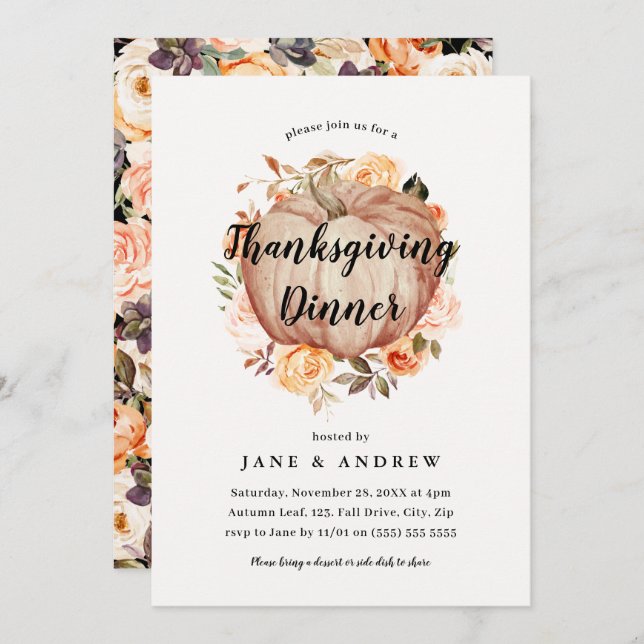 Orange Floral Pumpkin Thanksgiving Dinner  Invitation (Front/Back)