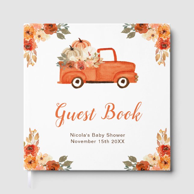 Orange Floral Pumpkin Truck Baby Shower Guest Book (Front)