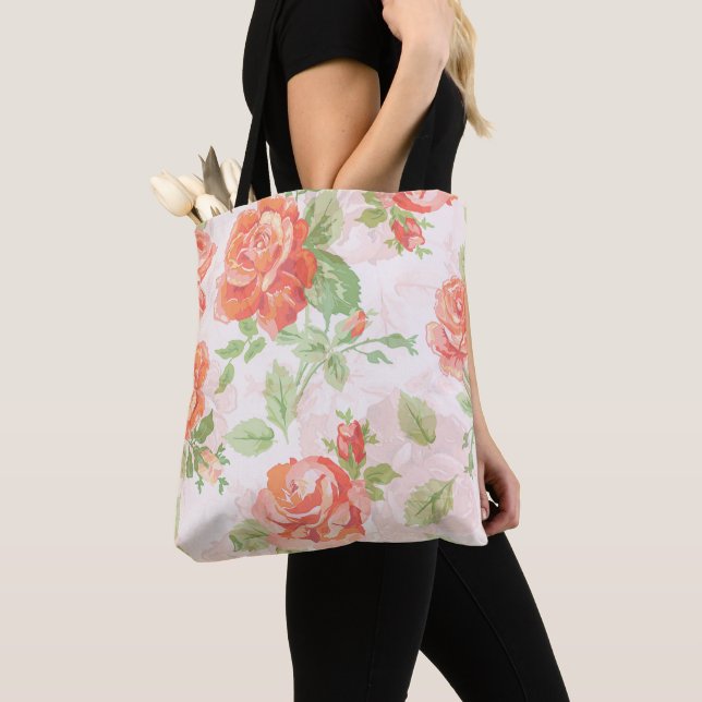Orange floral rose tote  bag (Close Up)