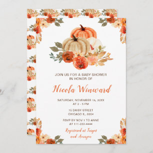 Orange Floral Rustic Pumpkins Baby Shower Invitation