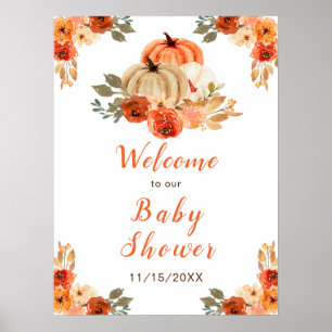 Orange Floral Rustic Pumpkins Baby Shower Poster