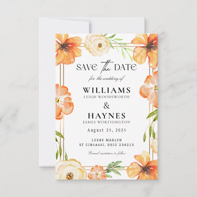 Orange Floral Save the Date Card (Front)