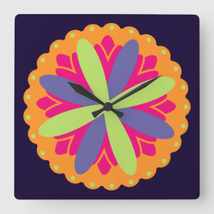 Orange floral shapes illustration square wall clock
