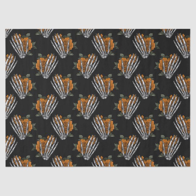 Orange Floral Skeleton Hands on Black Decoupage Tissue Paper (Front)