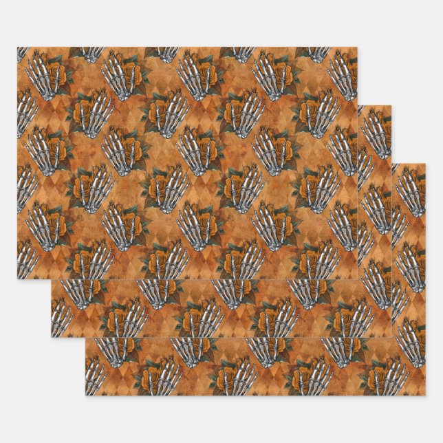 Orange Floral Skeleton Hands on Orange Wrapping Paper Sheet (Set)