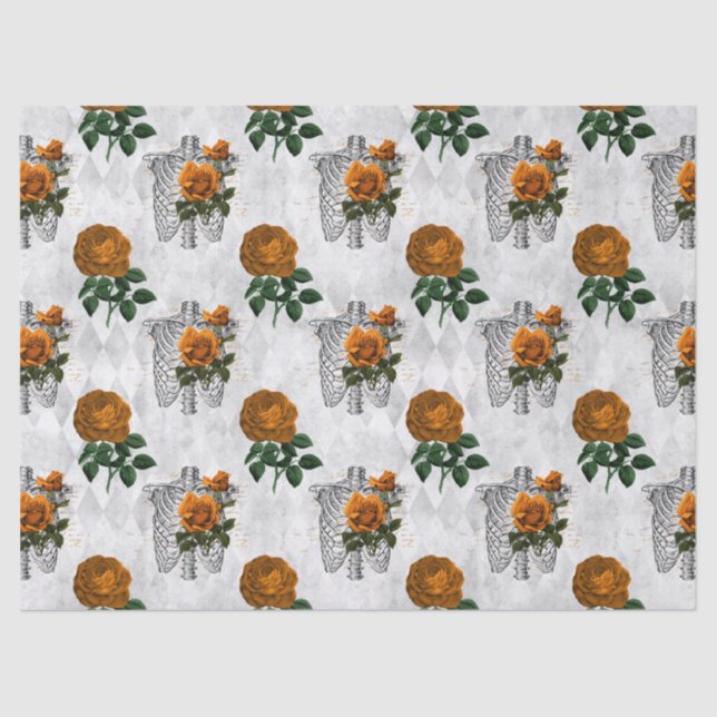 Orange Floral Skeleton Torsos on White Decoupage Tissue Paper (Front)