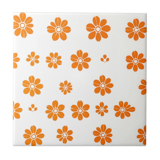 Orange Floral Stencil Pattern on White Background Ceramic Tile (Front)