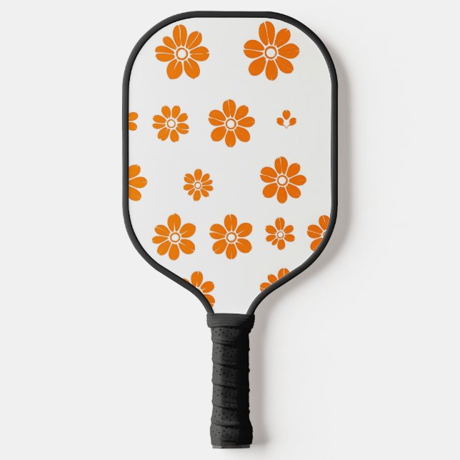 Orange Floral Stencil Pattern on White Background Pickleball Paddle (Front)