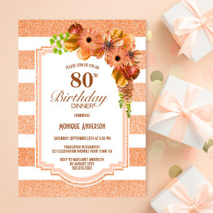 Orange Floral Striped 80th Birthday Dinner Party Invitation