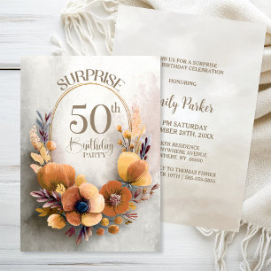 Orange Floral Surprise 50th Birthday Party Invitation