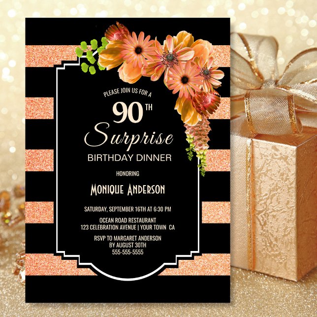 Orange Floral Surprise 90th Birthday Dinner Party Invitation (Creator Uploaded)