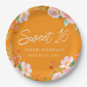 Orange Floral Sweet 16 Birthday Party Plate