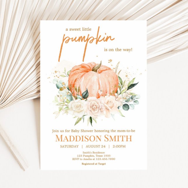 Orange Floral Sweet Little Pumpkin Baby Shower Invitation (Sweet Floral Little Pumpkin Baby Shower Invitation
)