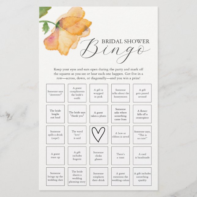 Orange Floral Theme Bridal Shower Bingo Flyer (Front)
