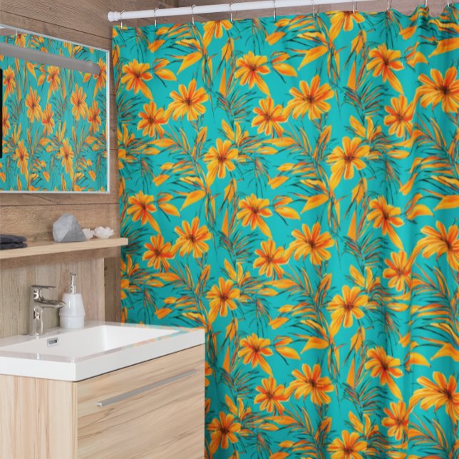 Orange Floral Tropical Pattern Turquoise Shower Curtain (Creator Uploaded)