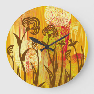 Orange Floral: Vibrant Background Pattern Large Clock