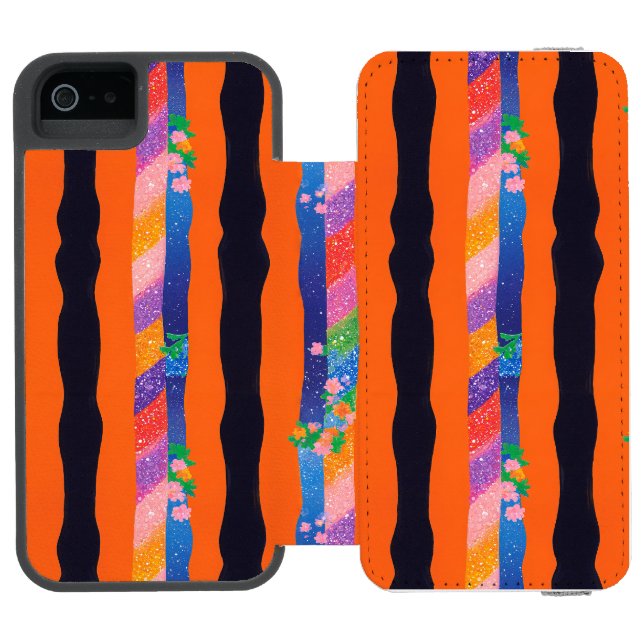 Orange Floral Wavy Stripe Pattern Incipio iPhone Wallet Case (Folio Open)