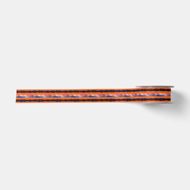 Orange Floral Wavy Stripe Pattern Satin Ribbon (Front)