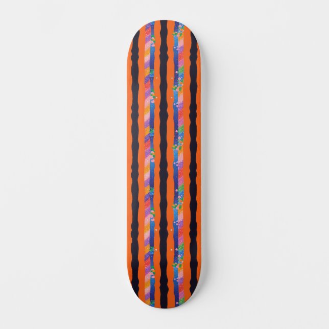 Orange Floral Wavy Stripe Pattern Skateboard (Front)