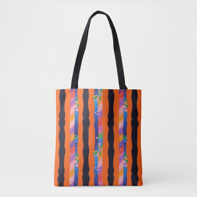 Orange Floral Wavy Stripe Pattern Tote Bag (Front)