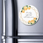 Orange Floral Wed Elegant Gold Glitter Geometric Magnet<br><div class="desc">The wedding design features an elegant faux gold glitter geometric frame pattern. Overlaid with watercolor roses and greenery foliage on two corners. Personalise this template to add your information. Click to customise further to make more changes. Everything is customisable.</div>