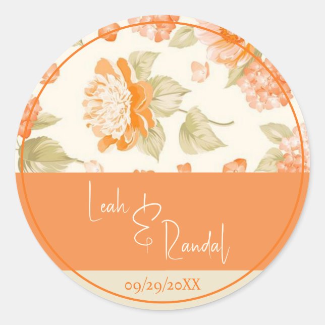 Orange Floral Wedding Classic Round Sticker (Front)