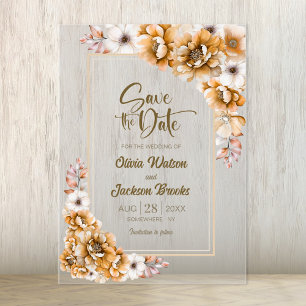 Orange Floral Wedding Save the Date Acrylic Invitations